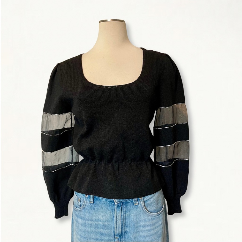 Vintage 90s Black Ribbed Knit Scoop-Neck Sweater Striped Mesh Rhinestone Sleeves